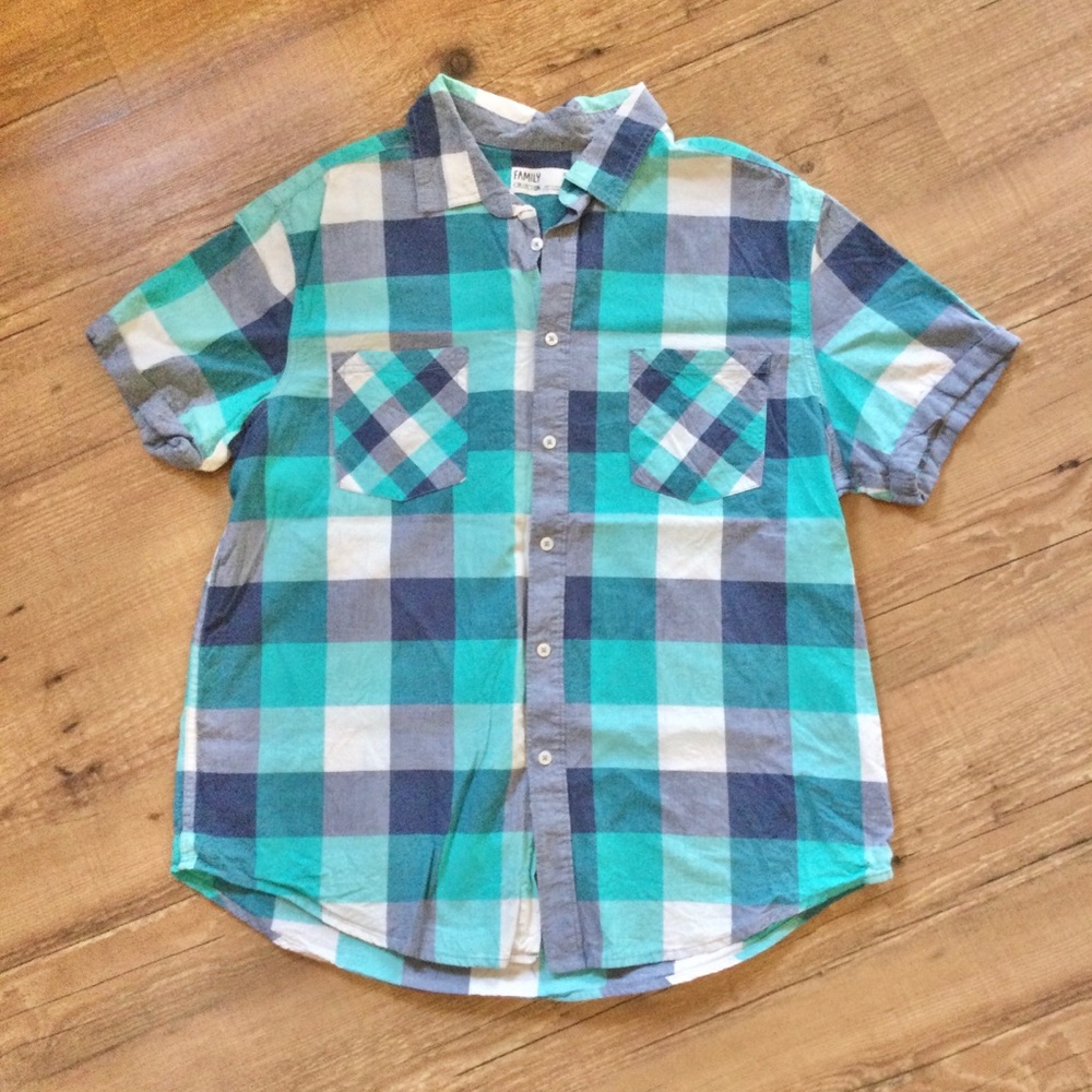 Aqua Blue Short Sleeve Paid Button Down Shirt